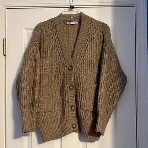 Zara Tan Knit Oversized Cardigan with Tortoise Shell Buttons Size Small